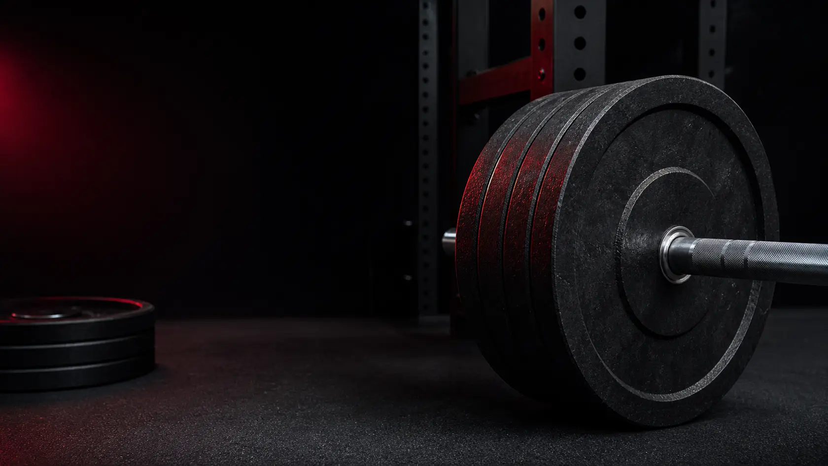 Loaded barbell with black weight plates in a dark strength gym